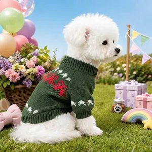 Cute Christmas pet sweater for small dogs, green knit puppy clothes with holiday patterns.