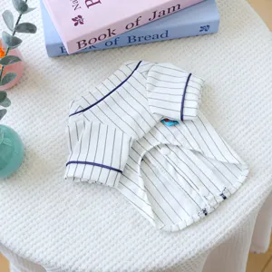 Cute striped pet shirt detail, soft breathable fabric with navy blue piping for small dogs cats.