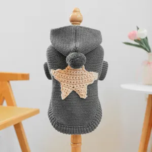 Cozy grey pet sweater for small dogs puppies, cute hooded knit dog clothes with star decor