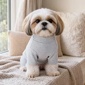 Detailed view of the soft striped pet jumpsuit, comfortable high-neck design for small dogs.