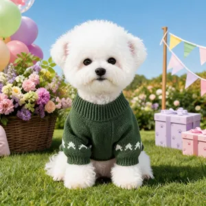 Cozy green pet sweater for small dogs, stylish winter knitwear with festive holiday design.