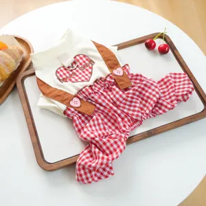 Cute red white checkered pet clothes with straps and heart buttons for dogs and cats.