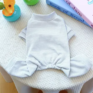 Detailed shot of striped dog onesie, comfortable fine stripe pet apparel for small puppies home wear.
