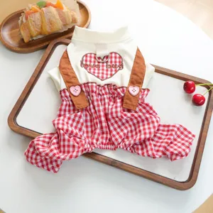 Cute red plaid pet dog cat overalls with heart embroidery and leash ring for spring and summer.