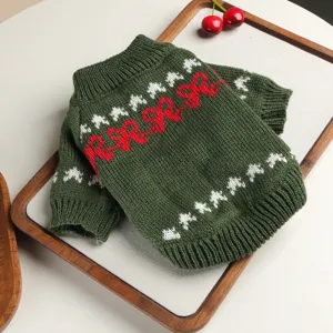 Green knit pet sweater for small dogs, festive Christmas dog apparel with cozy winter snowflake pattern.