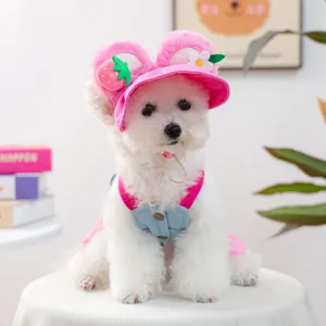 Cute small dog pink hat and denim dress pet clothing set, stylish puppy outfit for summer.