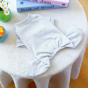 Cute striped pet dog onesie jumpsuit, soft breathable cotton clothes for small puppies daily wear.