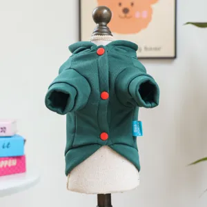 Close-up detail of the green pet hoodie featuring cute red buttons and a cozy attached hood.