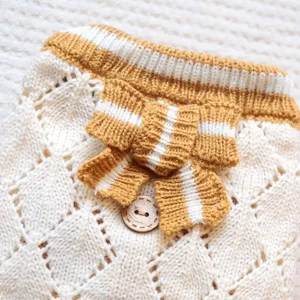 Close-up detail of knitted pet sweater featuring hollow-out pattern, cute bow, and wooden button.