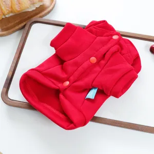 Red pet dog hoodie apparel for small dogs puppy casual daily wear with buttons and hat.