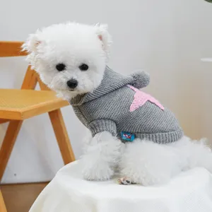 Cute grey pet sweater with pink starfish pattern and hoodie for small dogs detail view