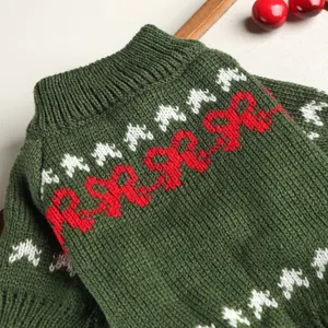 Detailed shot of green knit pet sweater with festive red and white patterns for small dogs.
