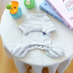 Fine striped pet onesie detail, soft cotton dog jumpsuit for small puppies, cute home wear.