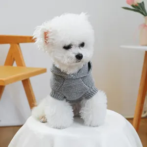 Gray knit dog hoodie detail view, cozy pet sweater for small dogs, soft winter puppy apparel.