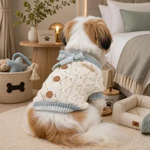 Cute dog knit sweater detail view, hollow out breathable design with cozy bow and buttons.
