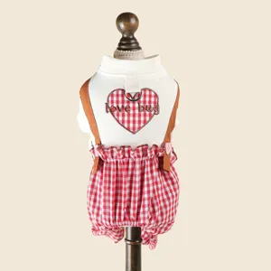 Cute pet dog cat spring summer red gingham heart design harness clothes pet apparel detail shot