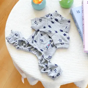 Grey star print pet onesie jumpsuit for small dogs and puppies, comfortable home wear.