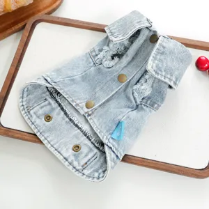 Stylish retro pet denim vest for small dogs and cats, featuring distressed fringes and buttons.