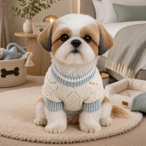 Cute hollow knit pet sweater for small dogs, breathable daily wear puppy apparel with blue trim.