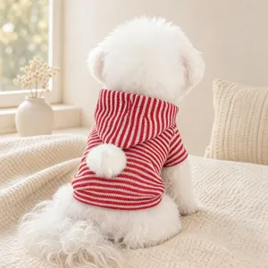 Close-up detail of the red white striped pet hoodie with cute pom-pom for small dogs.