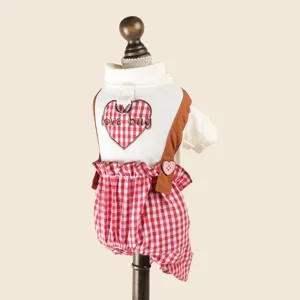 Cute red plaid pet dog clothes with heart design and leash ring for spring and summer.