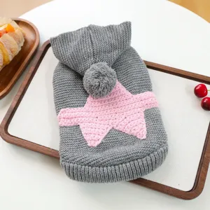 Cozy grey pet knitted sweater with pink star and pom-pom hood for small dogs and puppies.