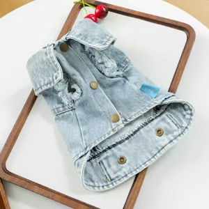 Stylish retro pet denim vest for small dogs and cats, featuring distressed design and metal buttons.