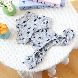 Gray star print pet jumpsuit for small dogs, cozy cotton puppy clothes for home daily wear.