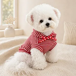 Cute red and white striped pet dog hoodie detail shot, cozy knit puppy sweater close-up.