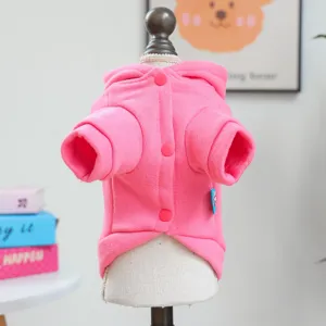 Pink puppy dog hoodie pet clothing, button closure, cute knit apparel for small dogs detail view.