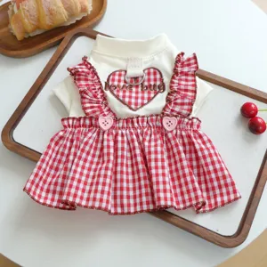 Cute red gingham pet dress with heart embroidery and ruffles for small dogs and cats daily wear.