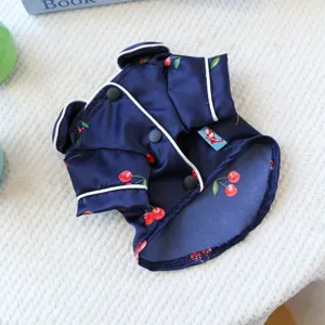 Silk pet pajamas for dogs and cats with cute cherry print and white piping design.