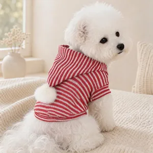 Red and white striped pet hoodie for small dogs, cute knitted dog sweater with fluffy pom pom detail.