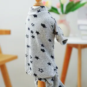 Grey star print pet jumpsuit for small dogs, cozy knit loungewear with high collar detail.