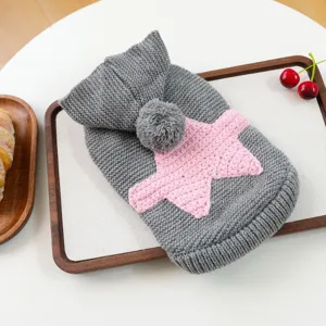 Cute nordic style knitted pet sweater for small dogs, grey hooded dog clothes with pink star.
