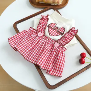 Red white plaid pet dog dress cute cat clothes with strap harness heart button spring summer apparel