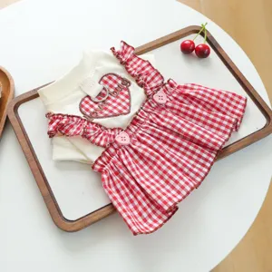 Detail shot of cute red and white gingham pet dress with heart embroidery and D-ring leash hook.