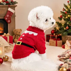 Cute Christmas pet sweater for small dogs, festive red knit apparel with Santa design detail.