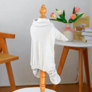 Details of the soft black and white striped pet jumpsuit for small dogs, cozy home wear.