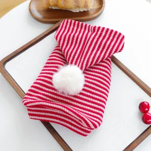 Red and white striped pet hoodie with cute white pom-pom detail for small dogs and puppies.