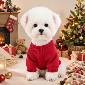 Cute Christmas pet sweater for small dogs, breathable red knitted winter holiday puppy apparel.