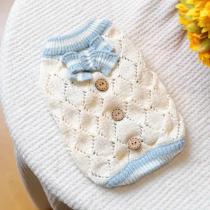 Pet knit sweater for small dogs, breathable hollow out design with cute buttons and bow.
