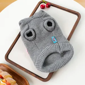 Gray knitted pet sweater for small dogs, cute autumn and spring puppy apparel with sleeve holes.