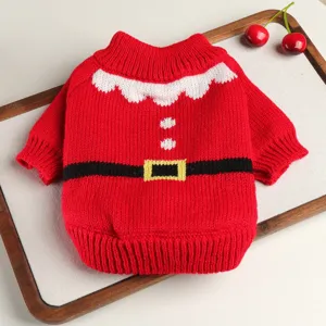 Detailed view of a cute red pet Christmas sweater with knit design, perfect for small dogs.