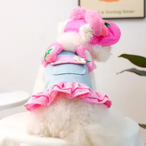 Cute strawberry pet denim dress detail, sweet pink plush and denim matching with cute hat.