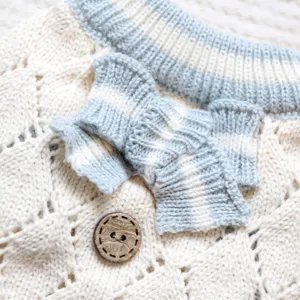 Pet hollow knitted sweater cute blue white striped design with wooden button cozy autumn