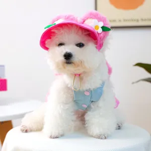 Pet cute pink plush hat blue denim dress set for small dogs cats fashion apparel detail shot