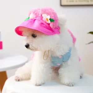 Cute pink plush hat and blue denim dress set for small dogs and cats, pet apparel and costume.