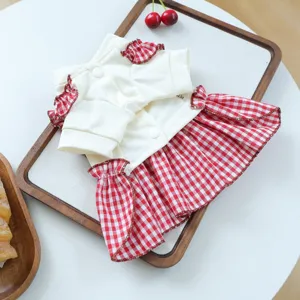 Cute red and white plaid pet dress for dogs and cats, sweet summer pet apparel with ruffles.