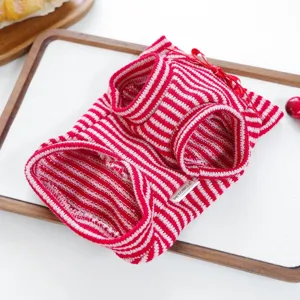 Red and white striped pet sweater for small dogs puppies, cute style knit apparel detail view.